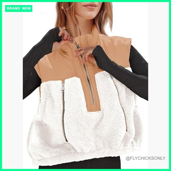 Jackets & Blazers - Cropped Fleece Sherpa Vest with Half Zipper and Pockets